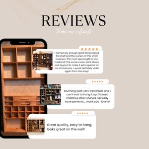 May include: A digital graphic displaying customer reviews for a wooden wall shelf. The image features a smartphone frame showing a multi-compartment wooden shelf with drawers, accompanied by three text boxes containing five-star ratings and feedback.