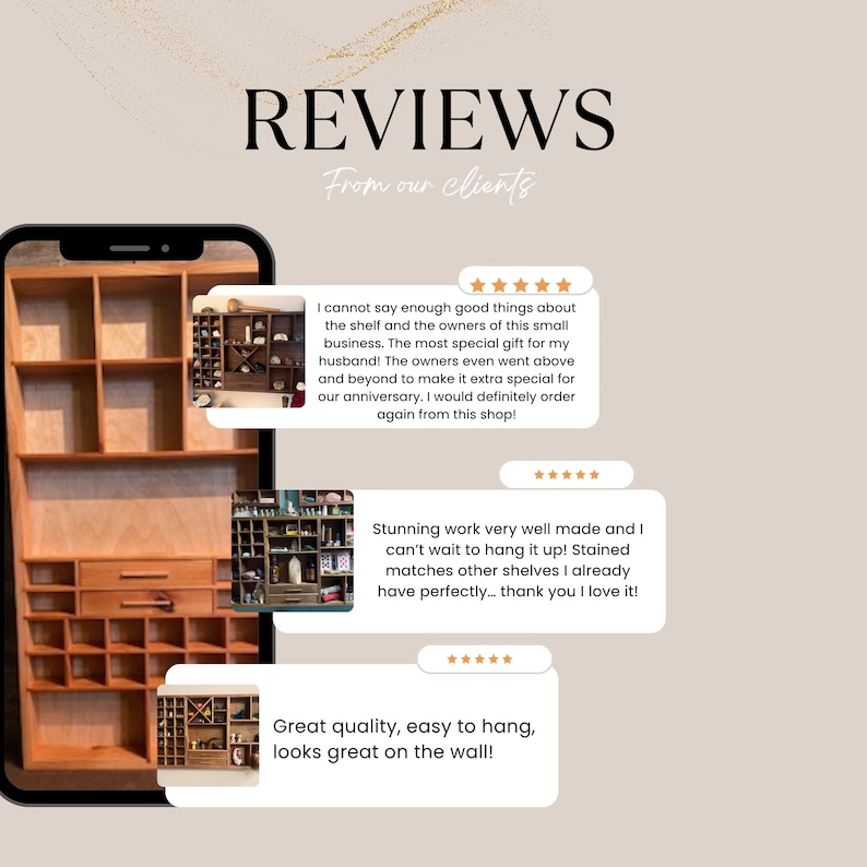 May include: A digital graphic displaying customer reviews for a wooden wall shelf. The image features a smartphone frame showing a multi-compartment wooden shelf with drawers, accompanied by three text boxes containing five-star ratings and feedback.
