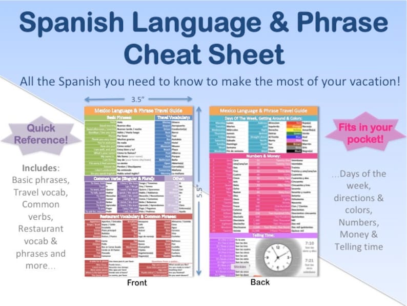 Pode incluir: Um guia de viagem de bolso com frases e express&otilde;es em espanhol. O lado da frente inclui frases b&aacute;sicas, vocabul&aacute;rio de viagem, verbos comuns, vocabul&aacute;rio e frases de restaurante. O lado de tr&aacute;s inclui dias da semana, dire&ccedil;&otilde;es, cores, n&uacute;meros, dinheiro e como dizer a hora. O guia mede 3,5 polegadas de largura e 5,5 polegadas de altura.