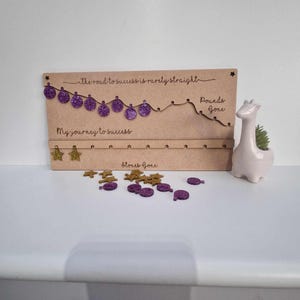May include: A wooden board with the text "The road to success is rarely straight" and "My journey to success". The board has a purple glitter garland and gold stars. The text "Pounds Gone" and "Stones Gone" is also on the board.