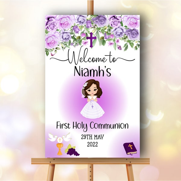 First Holy Communion Welcome Sign, Baptism Welcome Sign, 1st Communion Party Sign, Party Decorations for 1st Holy Communion A2 A3 purple