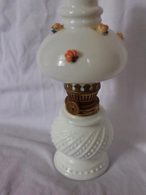 Vintage Hobnail Milk Glass Oil Lamp With Pale Roses Etsy