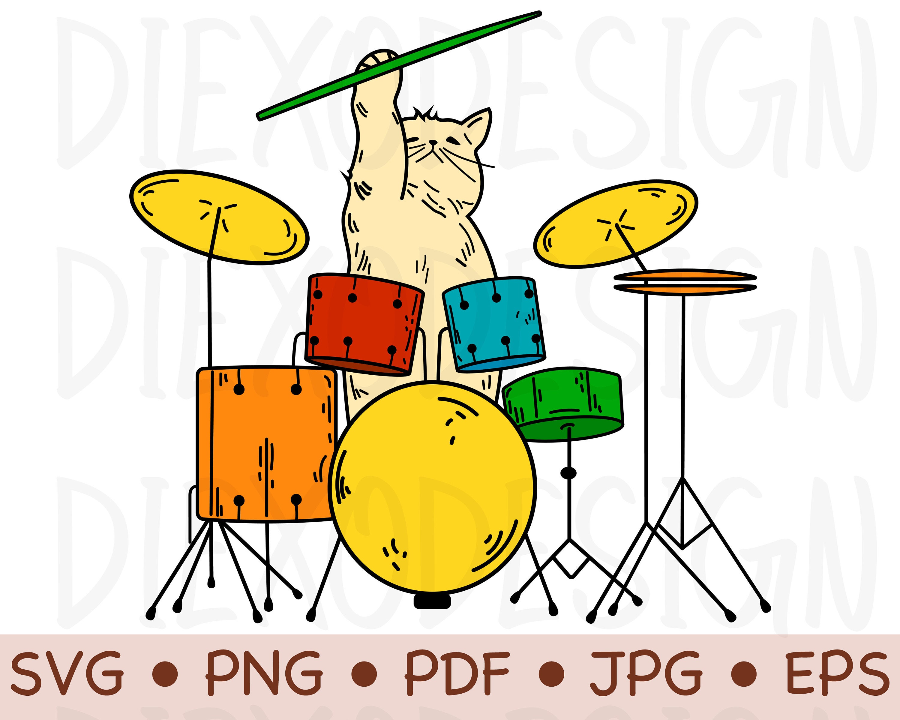 Drummer Cat SVG, Cat Drummer PNG, Rockstar Cat Svg, Cool Cat Clipart