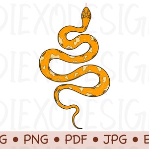 May include: An illustration of an orange snake with tan markings and a red tongue. The snake is coiled, with its head at the top and tail at the bottom. The image includes the text "SVG • PNG • PDF • JPG • EPS".