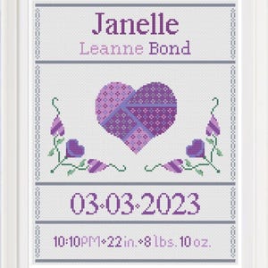 Quilted Heart Birth Sampler Cross Stitch Pattern: Floral Design (PDF Pattern Digital Download)