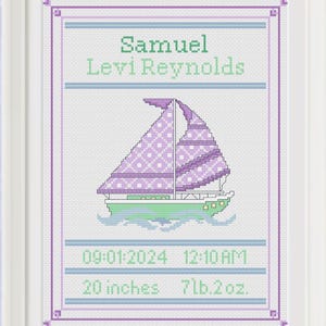 Baby Birth Sampler Cross Stitch Pattern PDF, Sailboat Cross Stitch Design, 10 x 12-inch Cross Stitch – PCS#187
