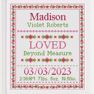 Cross Stitch Pattern, Baby Birth Sampler, Floral Design, PDF Pattern Instant Digital Download - PCS#150