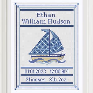 Baby Boy Birth Sampler Cross Stitch Pattern: Sailboat Design (PDF Pattern)