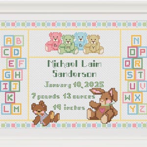 Nieuwe baby kruissteek geboorteaankondiging pdf-patroon, teddyberen, ABC-blokkenontwerp – PCS191