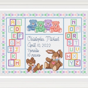 Kruissteekpatroon, geboortekaartje baby, teddyberen, ABC-blokken, pdf-patroon direct digitaal downloaden - PCS#16
