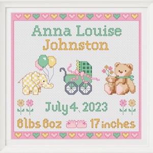 Cross Stitch Pattern, Baby Birth Sampler, Elephant, Teddy Bear, Baby Carriage Designs, PDF Pattern Instant Digital Download - PCS#36