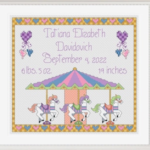 Cross Stitch Pattern, Baby Birth Sampler, Carousel/Heart Design, PDF Pattern Instant Digital Download  - PCS#32