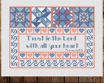 Proverbs 3:5 Cross Stitch Pattern, Quilt Blocks and Hearts, Frame the Scripture, PDF Digital Download