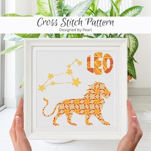 Leo Zodiac Quilt Block Korsstygnsmönster, Djärv Gul Orange Röd (PDF-nedladdning)