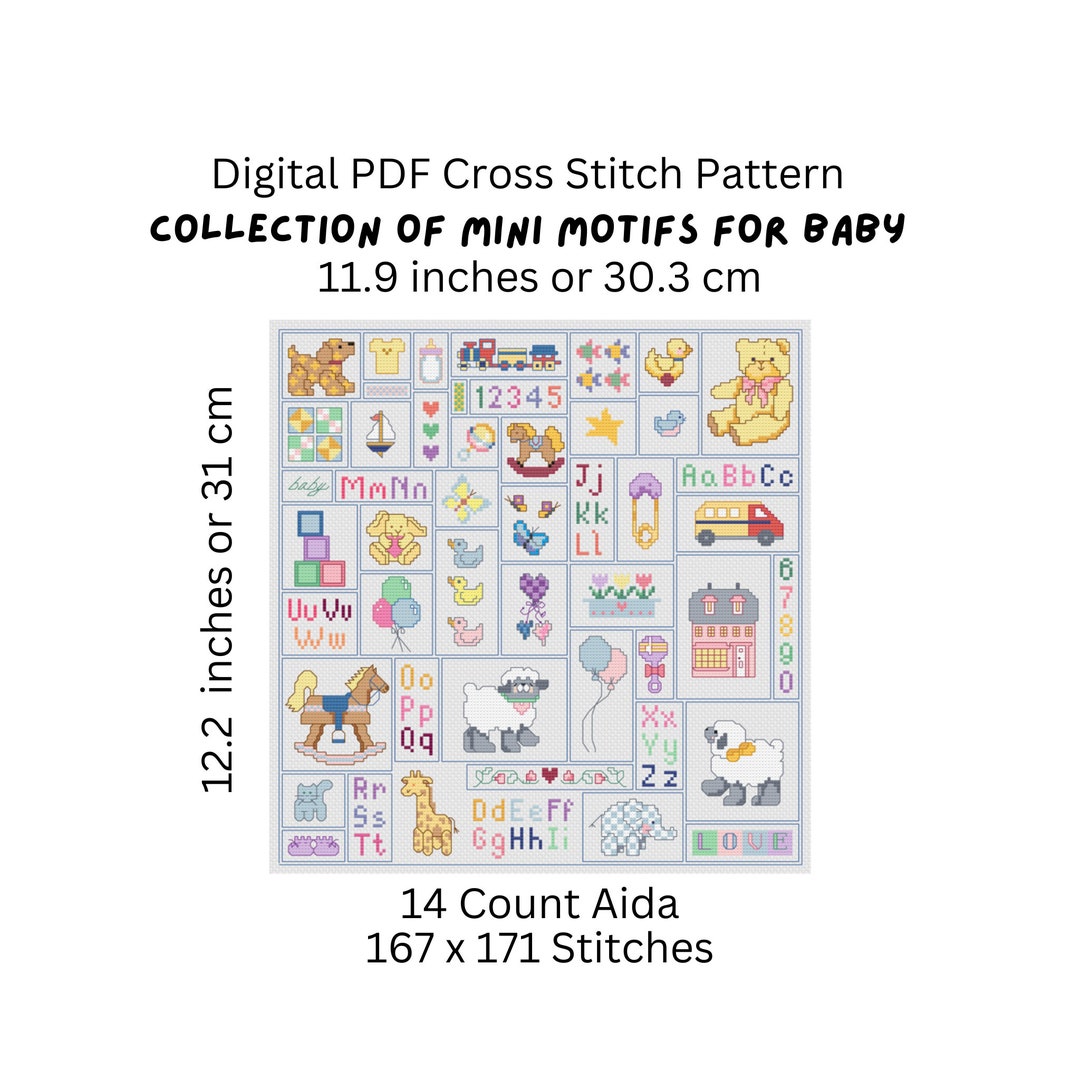 Cross Stitch Pattern, Baby Motifs Sampler, Alphabet and Numbers, PDF ...