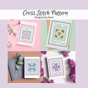 Puede incluir: Cuatro tarjetas de felicitación con patrones de punto de cruz inspirados en edredones. Las tarjetas muestran textos como For All You Do, Thank You So Much, A Very Big Thank You e I Want To Thank You, enmarcados por bordes bordados coloridos.
