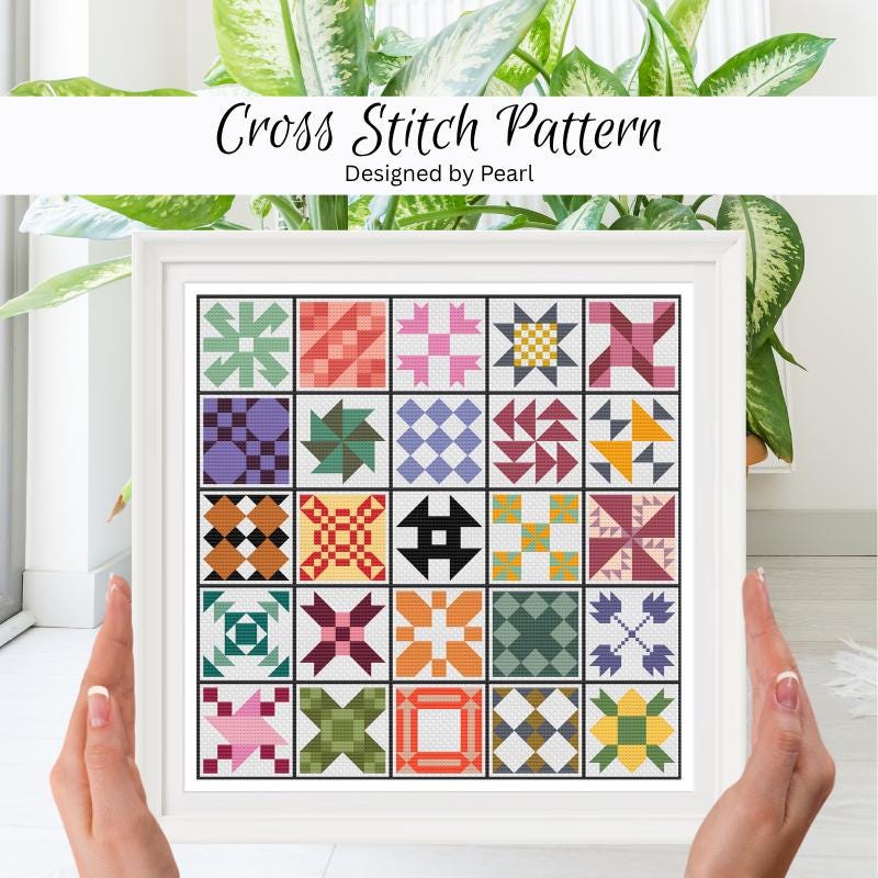 Quilt Block Cross Stitch Pattern: 25 Sampler Designs - PDF Pattern