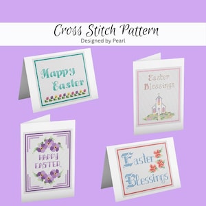 Puede incluir: Cuatro tarjetas de Pascua plegadas con punto de cruz con varios diseños. Una tarjeta dice "Felices Pascuas" con detalles florales. Otra dice "Bendiciones de Pascua" con una ilustración de una iglesia. La tercera tarjeta dice "Felices Pascuas" con flores moradas. La última tarjeta dice "Bendiciones de Pascua" con detalles florales.