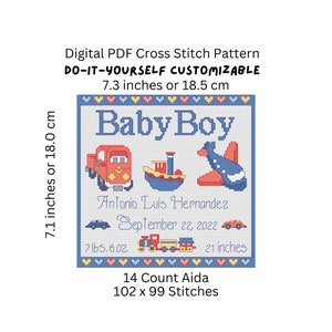 Cross Stitch Pattern, Baby Boy Birth Sampler, Truck, Boat, Airplane, Toys, PDF Pattern Instant Digital Download   - PCS#33