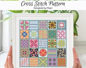 Multi Farben Quilt Block Kreuzstichmuster: 25 traditionelle & moderne Designs, geeignet für kleine Projekte, PDF, sofortiger Download