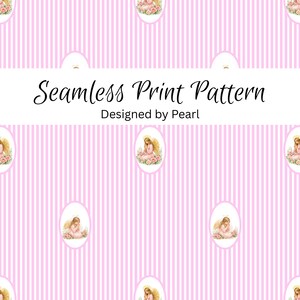 Op de afbeelding: Naadloos printpatroon met verticale roze strepen en ovale illustraties van engelen omringd door bloemen. De tekst "Seamless Print Pattern" en "Designed by Pearl" staat op een witte banner.