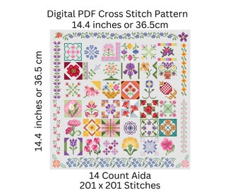 Kreuzstich-Motivmuster, Quiltblöcke, Blumen, geometrische Designs, PDF-Muster, sofortiger digitaler Download – PCS#52