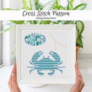 Kräftan och krabbasymbol, quiltdesign med havsvågor, nyanser av blått och havsgrönt, stjärntecken, astronomi, PDF-korsstygnsmönster