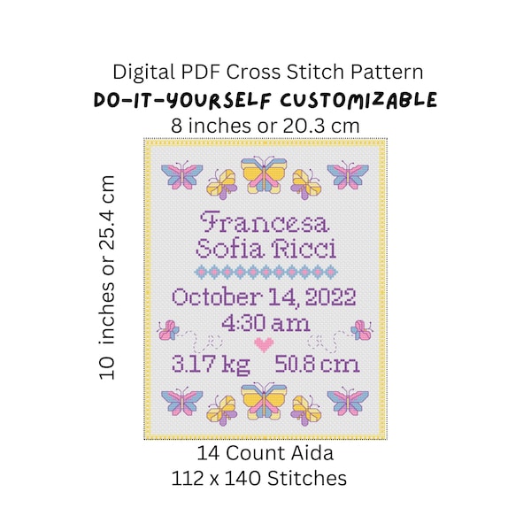 Cross Stitch Pattern, Baby Birth Sampler, Butterfly Design, PDF Pattern Instant Digital Download  - PCS#70