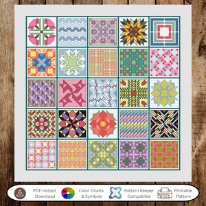 Può includere: Uno schema a punto croce con una griglia cinque per cinque di venticinque quadrati geometrici unici in vari colori. Sotto la griglia, il testo recita: PDF Instant Download, Color Charts & Symbols, Pattern Keeper Compatible, Printable Pattern.