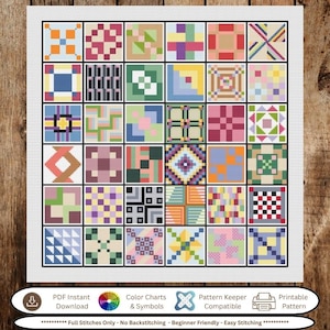 May include: A cross-stitch pattern featuring a grid of thirty-six square blocks, each displaying a unique geometric design in various colors including blue, pink, green, orange, and yellow, with text at the bottom indicating PDF download.