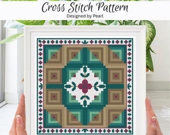 Florales Log Cabin Quilt Block Kreuzstichmuster, PDF Pattern