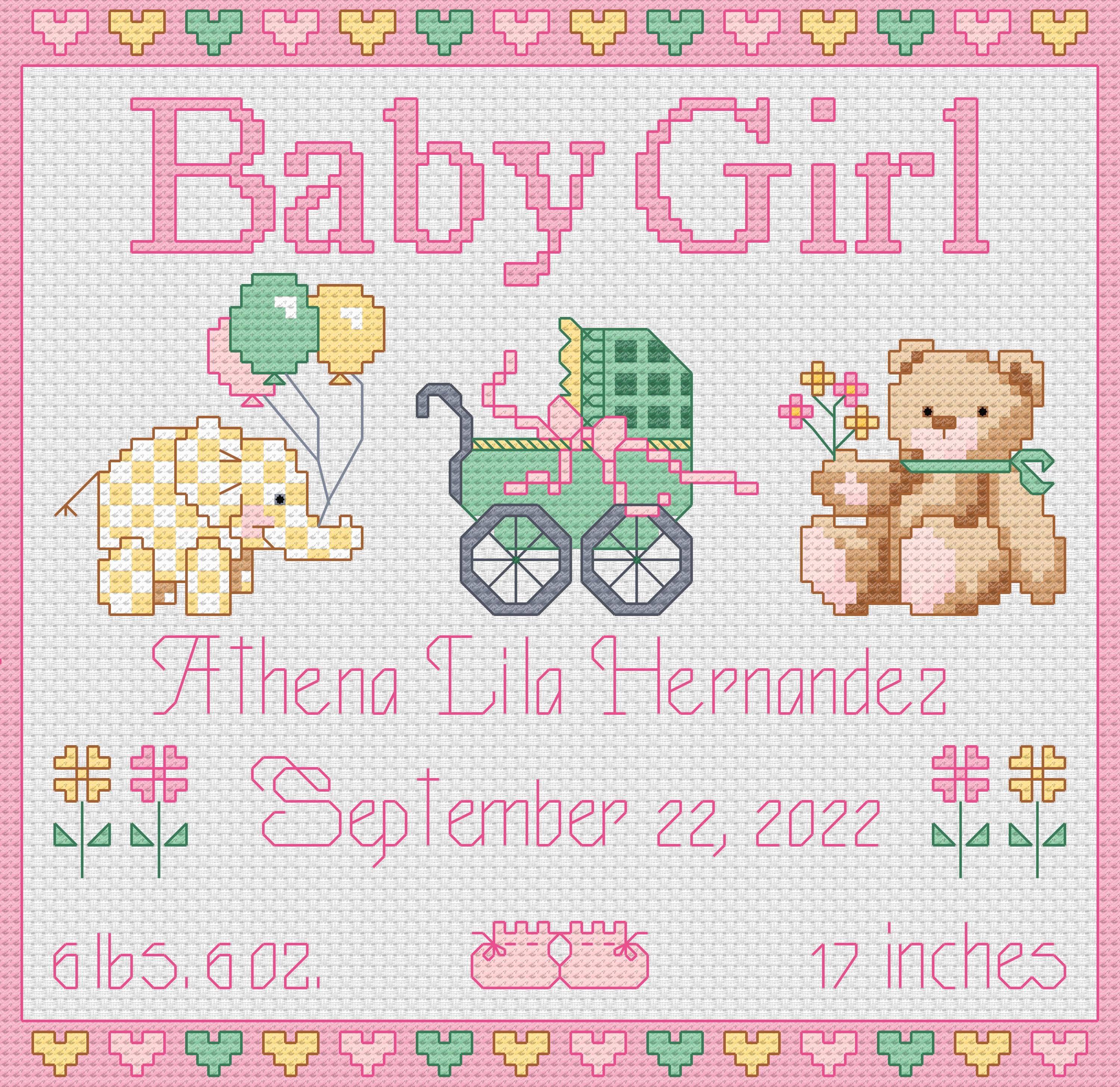 Baby Girl Birth Announcement Cross Stitch Pattern, Customizable Sampler ...