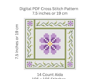 Cross Stitch Pattern, Purple Flower Easy Easy to Stitch Design, PDF Pattern Instant Digital Download - PCS#214