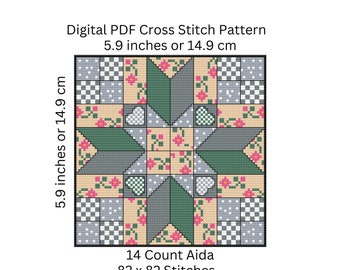 Eight Point Star Quilt Block Cross Stitch Pattern, Traditional Quilt Block Design, PDF Patttern Instant Digital Download - PCS#45