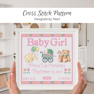 May include: A framed cross stitch pattern featuring the text Baby Girl, Athena Lila Hernandez, and September 22, 2022. The design includes a yellow elephant with balloons, a green baby carriage, a teddy bear, flowers, and 6 lbs. 6 oz. 17 inches.