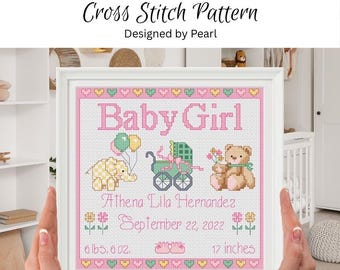 Baby Girl Birth Announcement Cross Stitch Pattern, Customizable Sampler (PDF Download)
