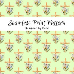 May include: Seamless print pattern featuring repeating watercolor crosses with floral bouquets on a light green background. The text "Seamless Print Pattern" and "Designed by Pearl" are displayed in a white banner.