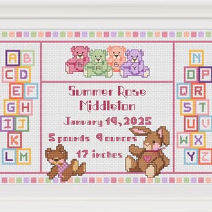 PDF-patroon geboorteaankondiging kruissteek, sampler babymeisje, teddyberen, ontwerp ABC-blokken – PCS192