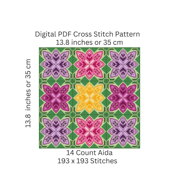 Gezähltes Kreuzstich-Quiltblock-Blumenmuster, Stickerei-Kissenbezug mit leuchtenden Blüten, PDF-Muster, sofortiger digitaler Download – PCS#232