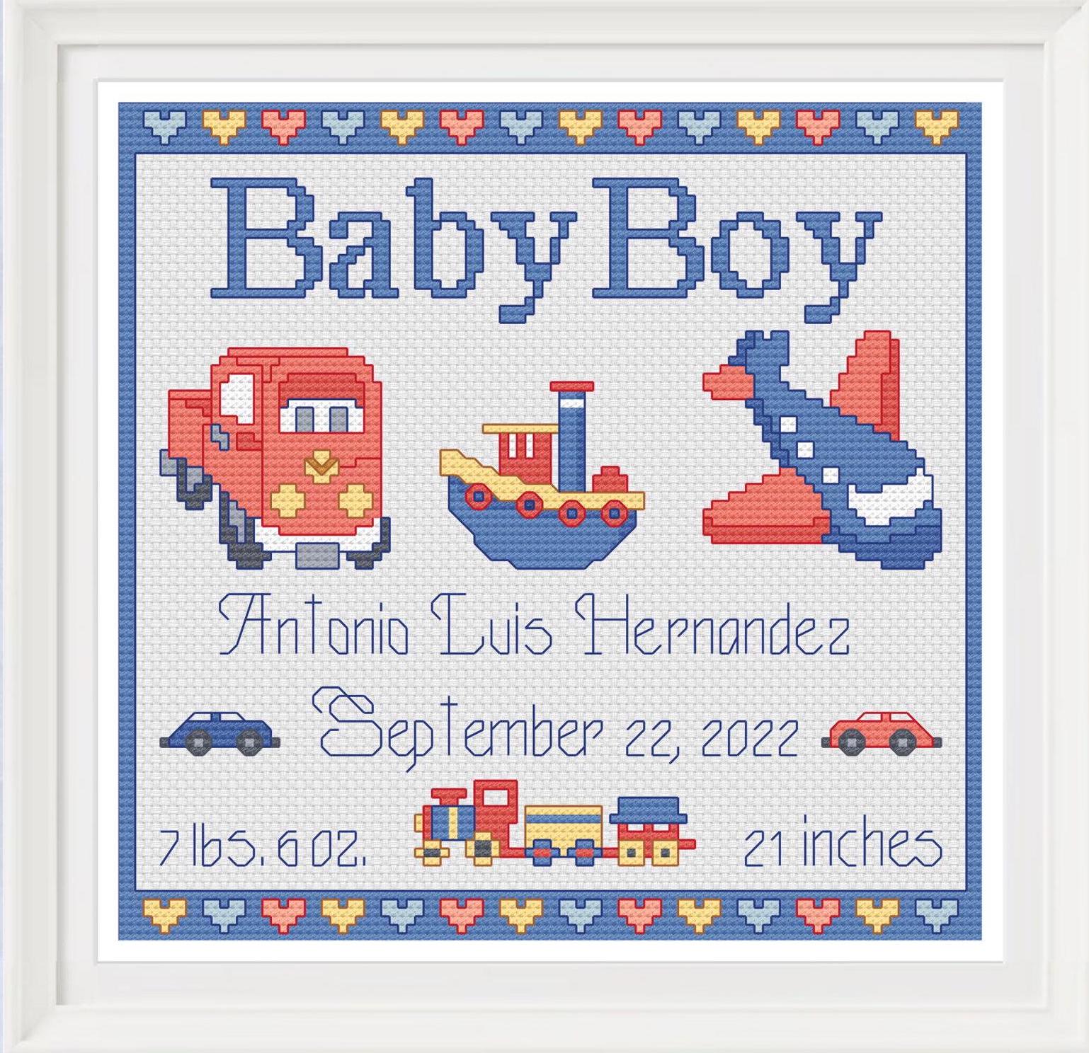 Cross Stitch Pattern, Baby Boy Birth Sampler, Truck, Boat, Airplane, Toys, PDF Pattern Instant Digital Download   - PCS#33