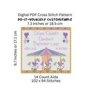 Cross Stitch Pattern, Baby Birth Sampler, Carousel/Heart Design, PDF Pattern Instant Digital Download  - PCS#32
