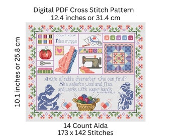 Cross Stitch Pattern, Modern Quilting and Sewing Sampler, Proverbs 31:10-13, PDF Pattern Instant Digital Download - PCS#6