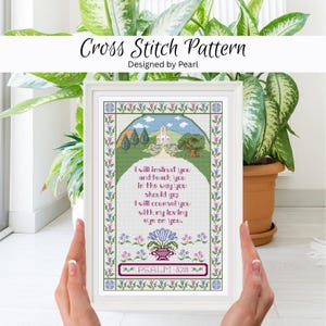 Könnte beinhalten: Gerahmtes Kreuzstichmuster mit floralem Rand. Das Design zeigt eine Kirche, Bäume und Text aus Psalm 32,8. Das Kunstwerk verwendet Grüntöne, Lila und Rosa. Der Text "Cross Stitch Pattern" befindet sich oben.