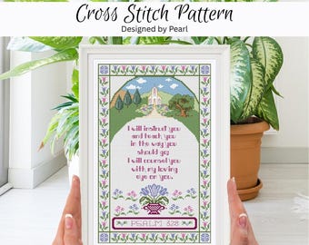 Cross Stitch Pattern, Christian Design, Psalm 32:8, I will Instruct you and teach you…, Cross Stitch Bible PDF Pattern