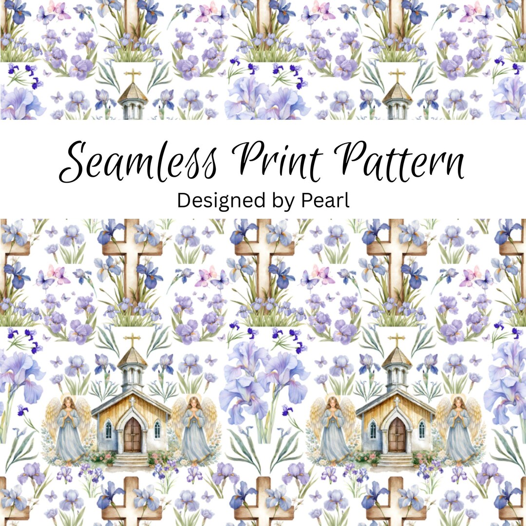 Blue Catholic Pattern Seamless Christian-themed Pattern Design, Shades Blue and Purple Irises ...
