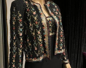 Richilene New York two-piece floral beaded embroidered set (dress + jacket with shoulder pads)