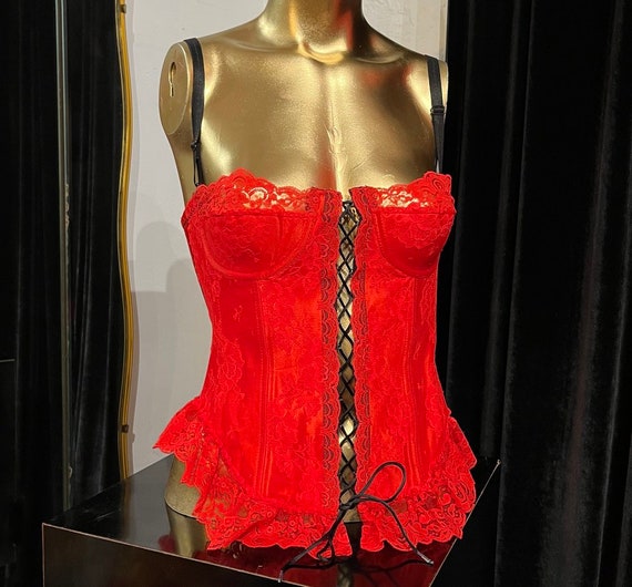 Red Lace Fredericks of Hollywood Basque Corset With Lace up Detail Along  With Removable Suspenders. 