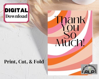 Thank You Card,Printable Card,Instant Download,Liquid Art Card,Orange,Pink,White,Thank You So MuchPrint At Home Card,Blank Inside