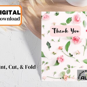 Floral Thank You Card,Printable Card,Instant Download,Rose Bud Thank You Card, Soft Romantic Wedding Thank You Card, Pink And White