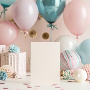 誕生日招待カード モックアップ 5x7、パーティー招待状、グリーティングカード 誕生日ウェディングカード、JPG PNG 形式、透明 PNG